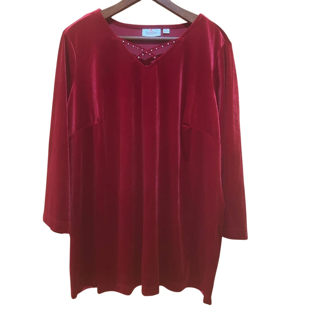 Quacker Factory Tunic Womens 1X Red Lattice Rhinestone Accents Holiday Party